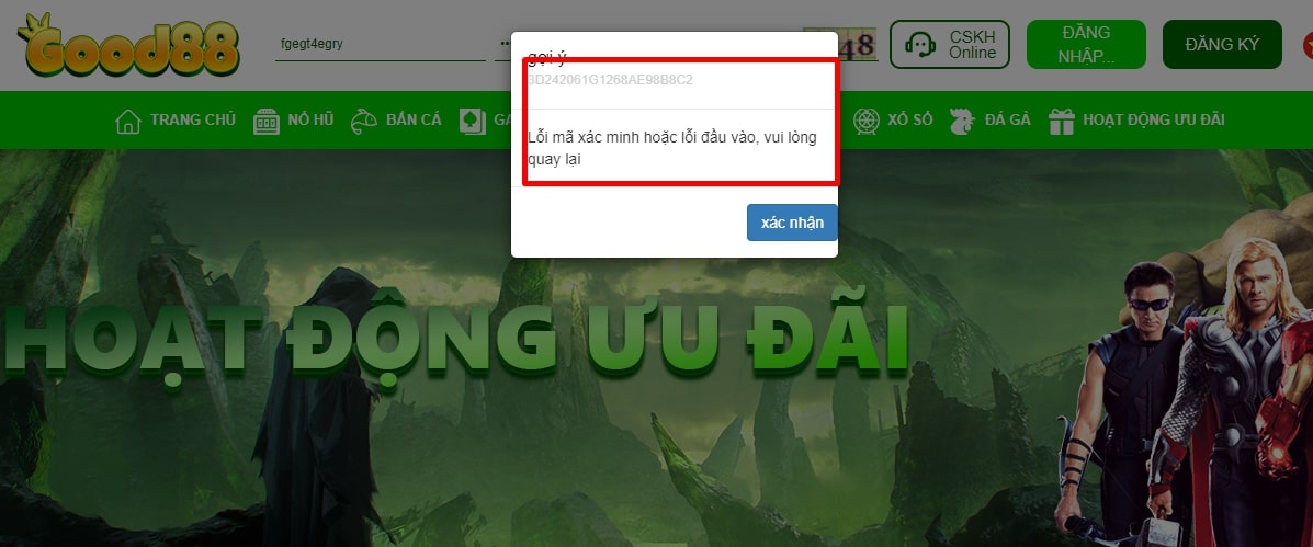 Lỗi khi đăng nhập vào Good88