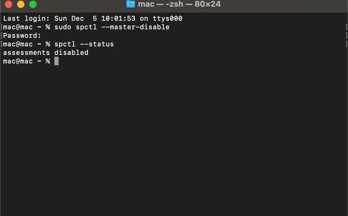 Tắt Gatekeeper với Terminal