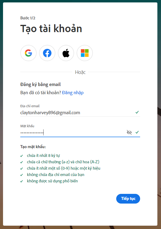Cách tạo tài khoản Adobe