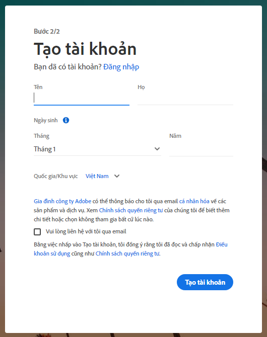 Cách tạo tài khoản Adobe